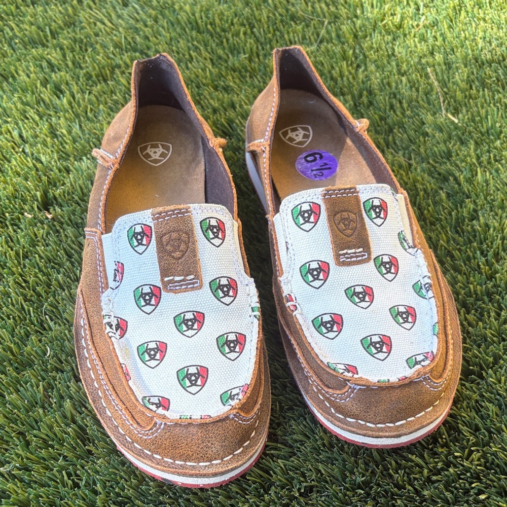 Ariat Brown and Cream Loafers with Shield Pattern